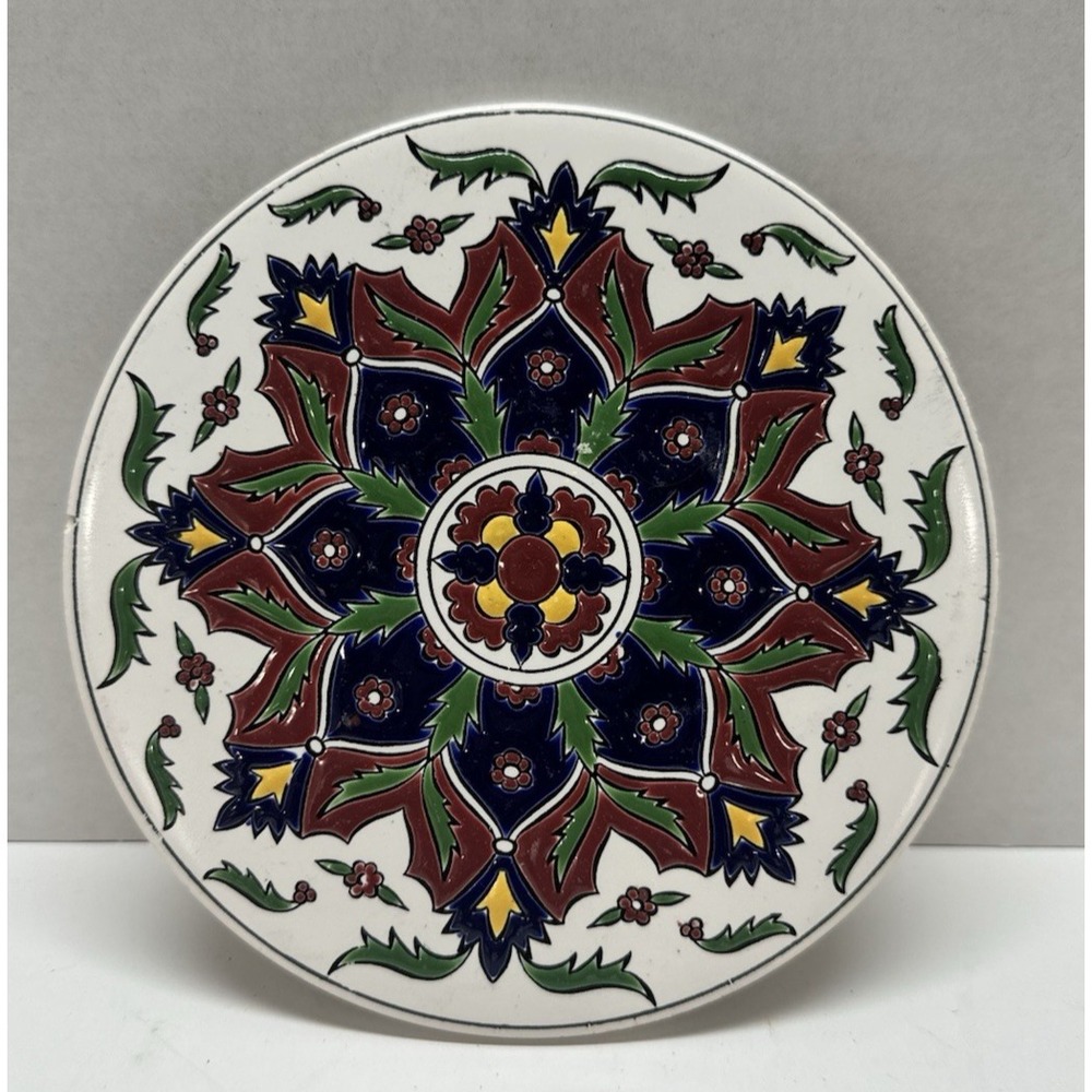 Nassos Rodos VTG Round Ceramic Decorative Trivet Tile 6" Greek Made in Greece
